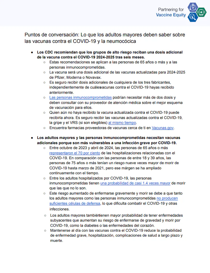 Puntos de conversación y preguntas frecuentes: Lo que los adultos mayores deben saber sobre las recomendaciones de vacunación contra el COVID-19 y el neumococo (inglés, español)