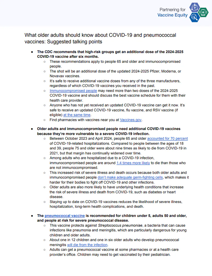 Talking points and FAQs: What older adults should know about COVID-19 and pneumococcal vaccine recommendations (English, Spanish)