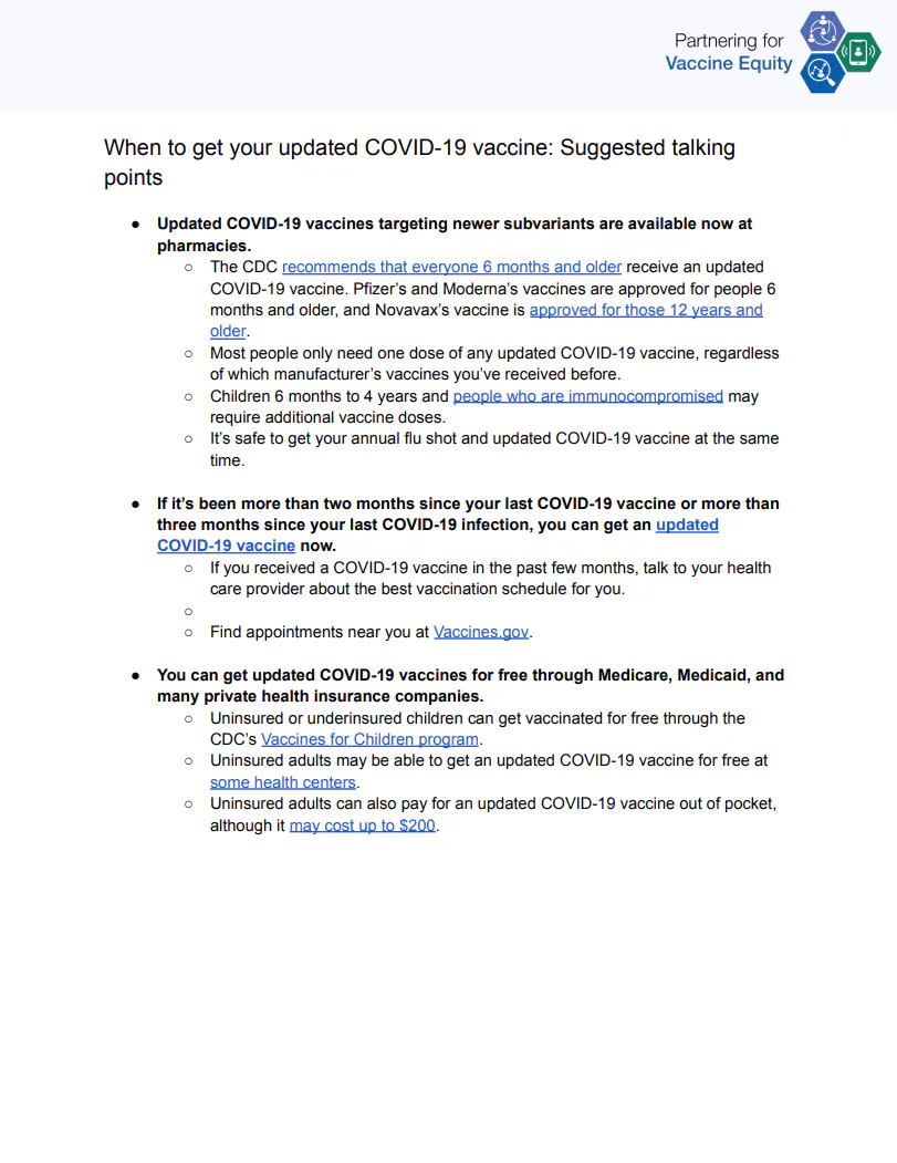 Talking points and FAQs: When to get your Updated COVID-19 vaccine (English, Spanish)