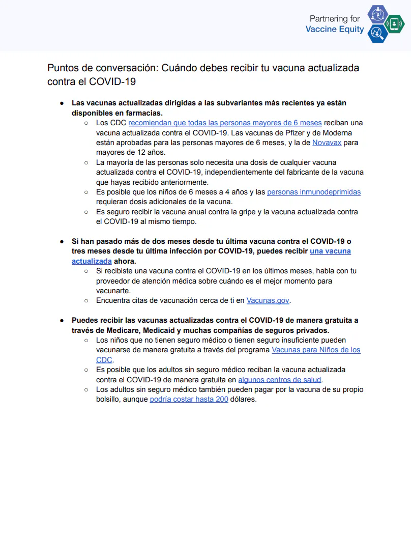 Puntos de conversación y preguntas frecuentes: Cuándo debes obtener la vacuna contra el COVID-19 (inglés, español)