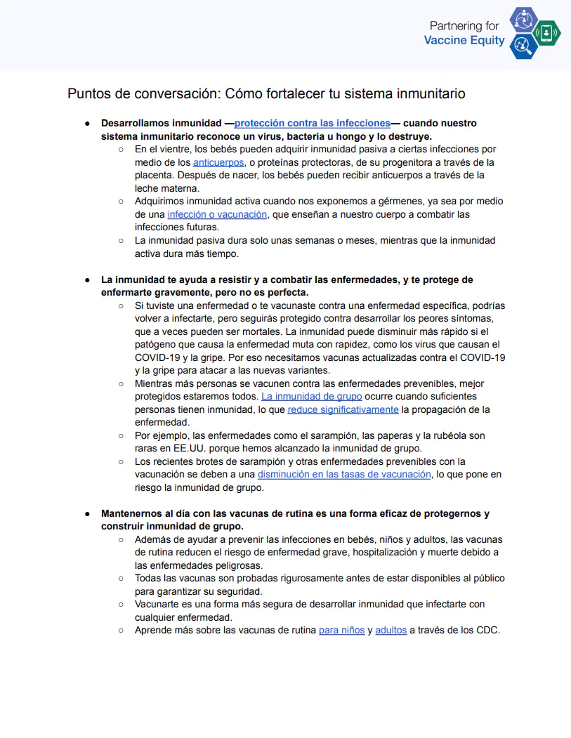 Puntos de conversación y preguntas frecuentes: Cómo fortalecer tu sistema inmunitario (inglés, español)