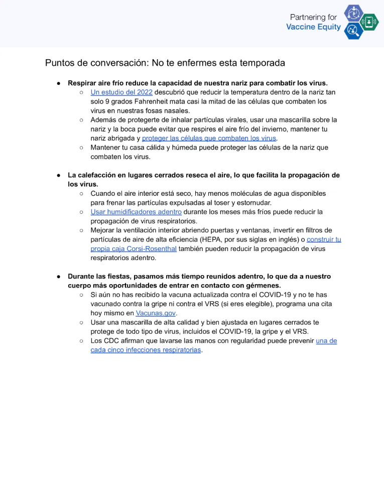 Puntos de conversación y preguntas frecuentes: No te enfermes esta temporada (inglés, español)