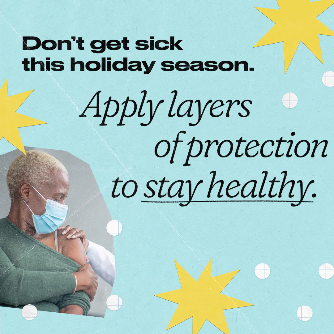 Social media: Graphic encourages layers of protection for a healthy holiday season (English, Spanish)
