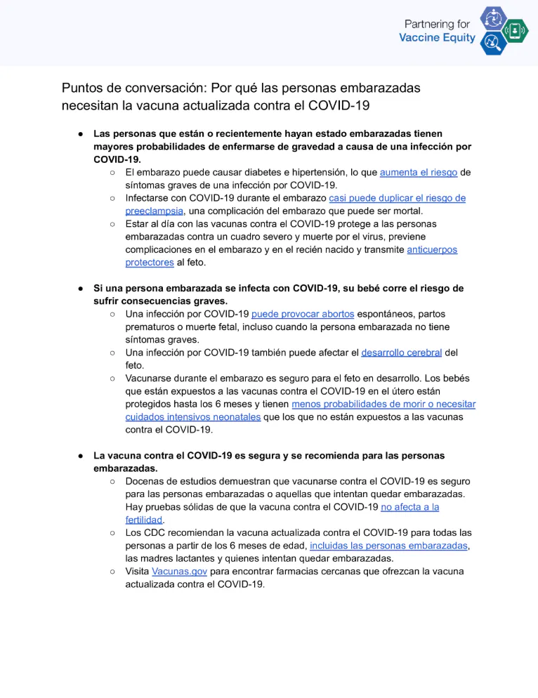Puntos de conversación y preguntas frecuentes: Por qué las mujeres embarazadas necesitan una vacuna actualizada contra el COVID-19 (inglés, español)