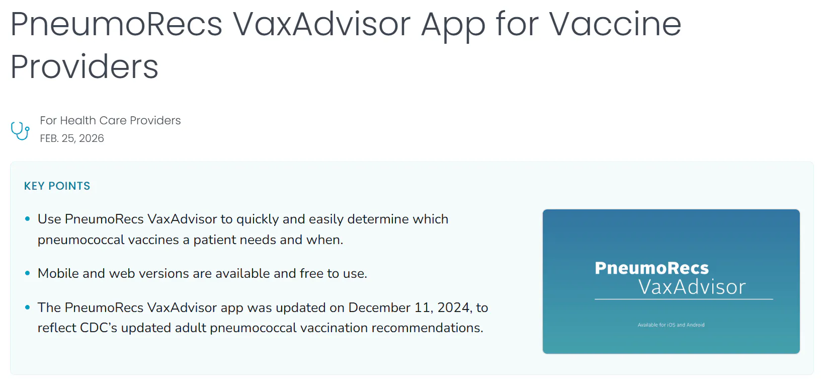 Tool: PneumoRecs VaxAdvisor mobile app for vaccine providers