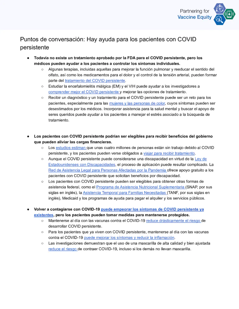 Puntos de conversación y preguntas frecuentes: Cómo los pacientes de COVID prolongado pueden obtener apoyo (inglés, español)