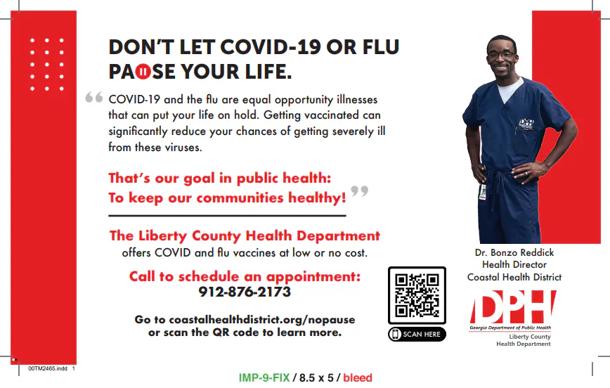 Postcard: Don't let COVID-19 or flu pause your life (English, Spanish)