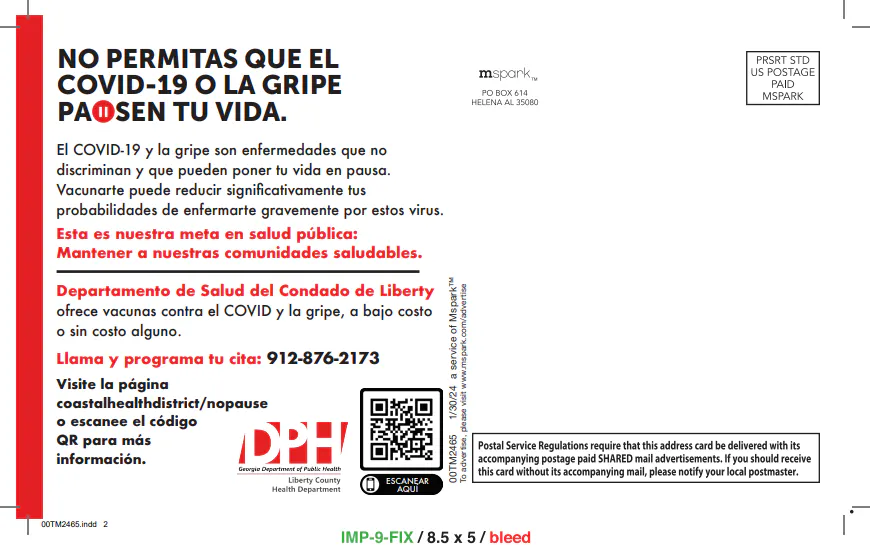 Postal: No dejes que el COVID-19 o la gripe pongan tu vida en pausa (inglés, español)