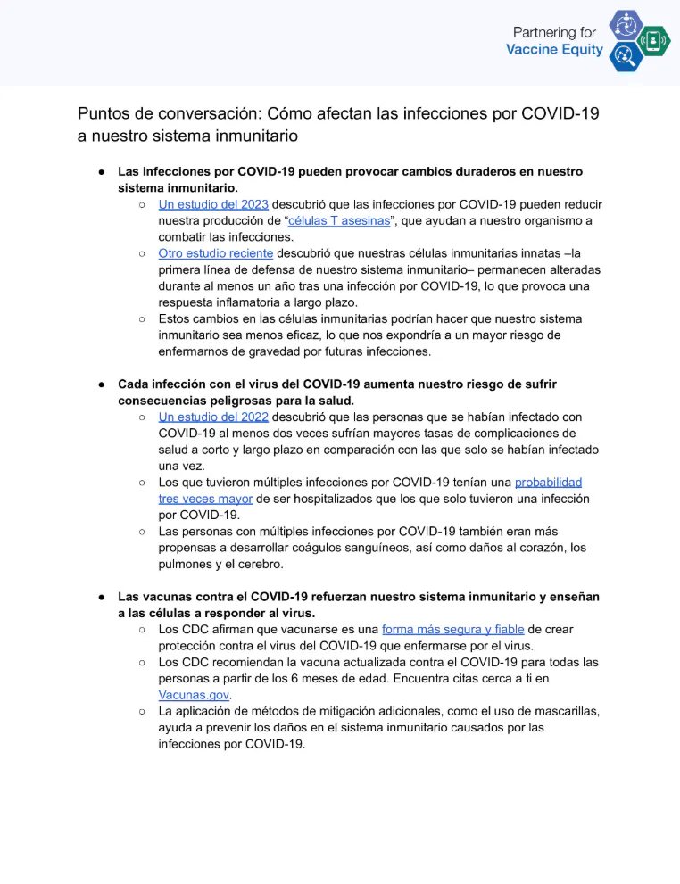 Puntos de conversación y preguntas frecuentes: Cómo las infecciones de COVID-19 afectan nuestros sistemas inmunitarios (inglés, español)