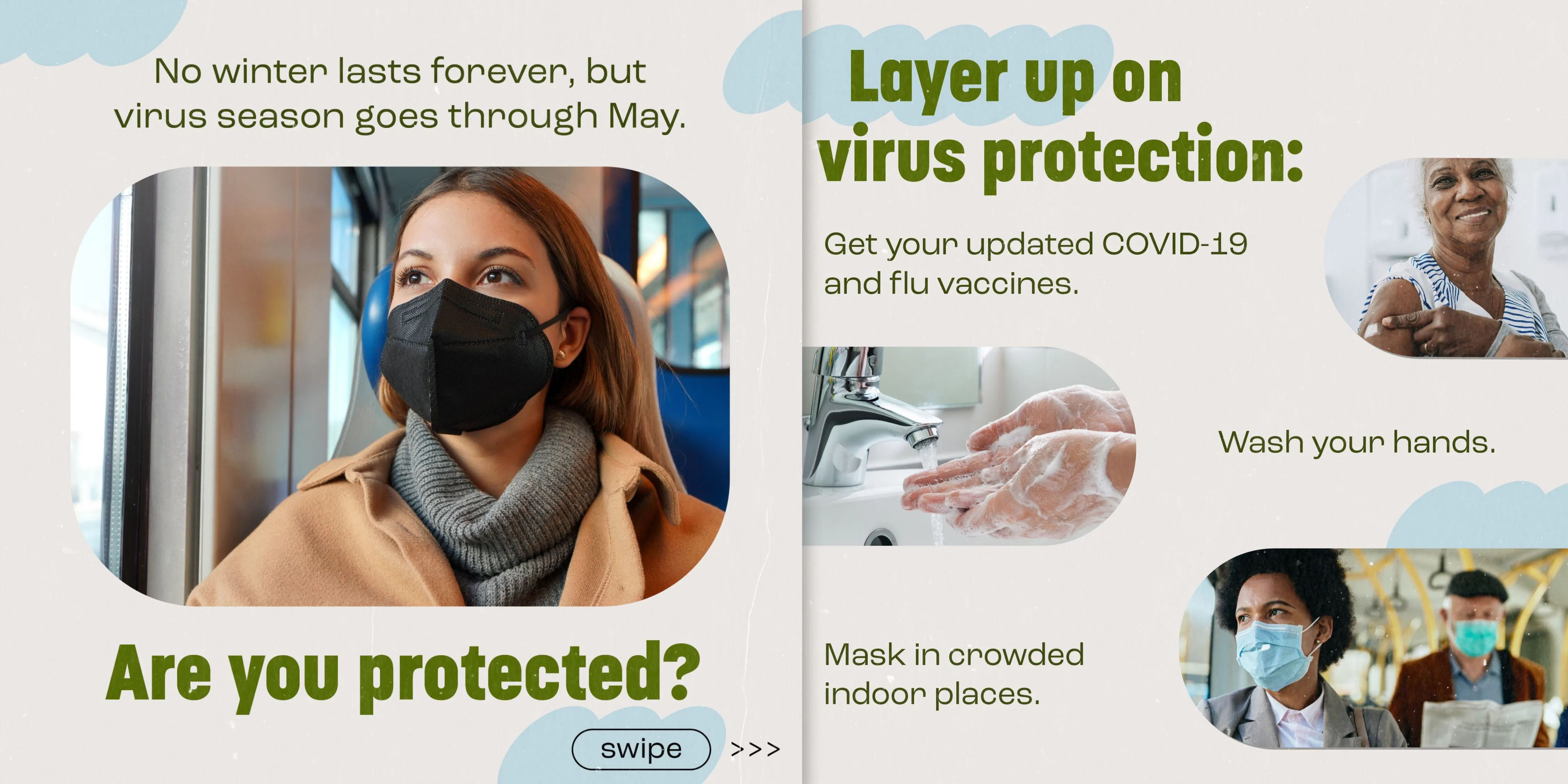 Social media: Graphics encourage layering up on protection through virus season (English, Spanish)