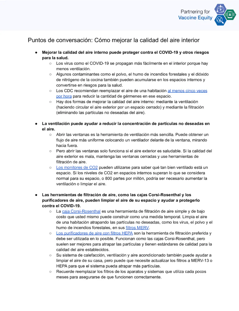 Puntos de conversación y preguntas frecuentes: Cómo mejorar la calidad del aire interior (inglés, español)