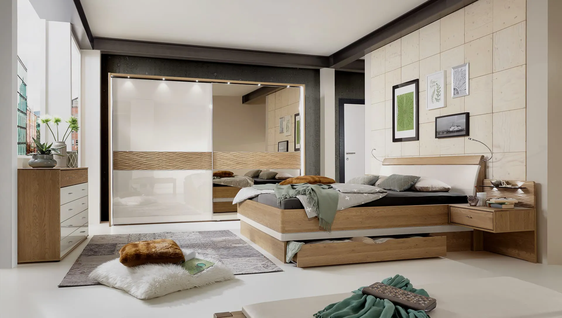 Mirrored wardrobes help reflect light in compact rooms