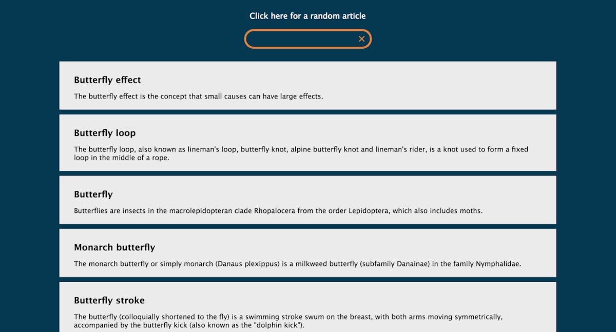 Screenshot of the example freeCodeCamp Wikipedia Viewer with a list of results for the search term ‘butterfly’