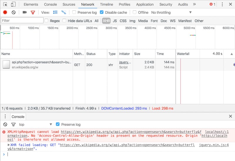Screenshot of Network tab under Chrome DevTools, which shows a 200 status response from the Wikipedia endpoint.