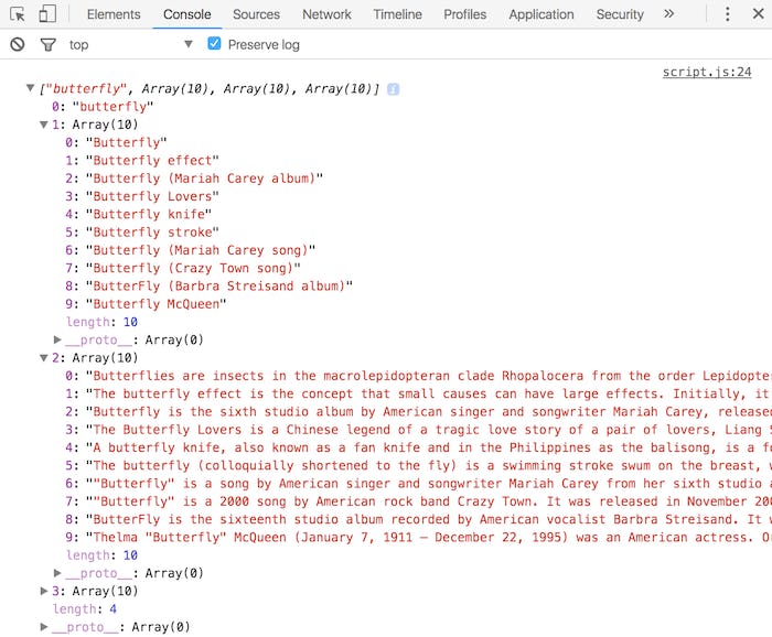The browser console now shows the same array that we saw when visiting the endpoint directly.