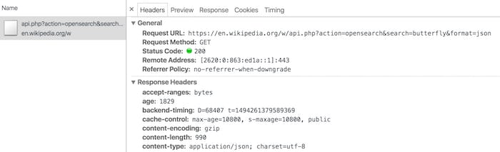 The Response Headers tab of the Wikipedia XHR resource, which lacks the headers we're looking for.