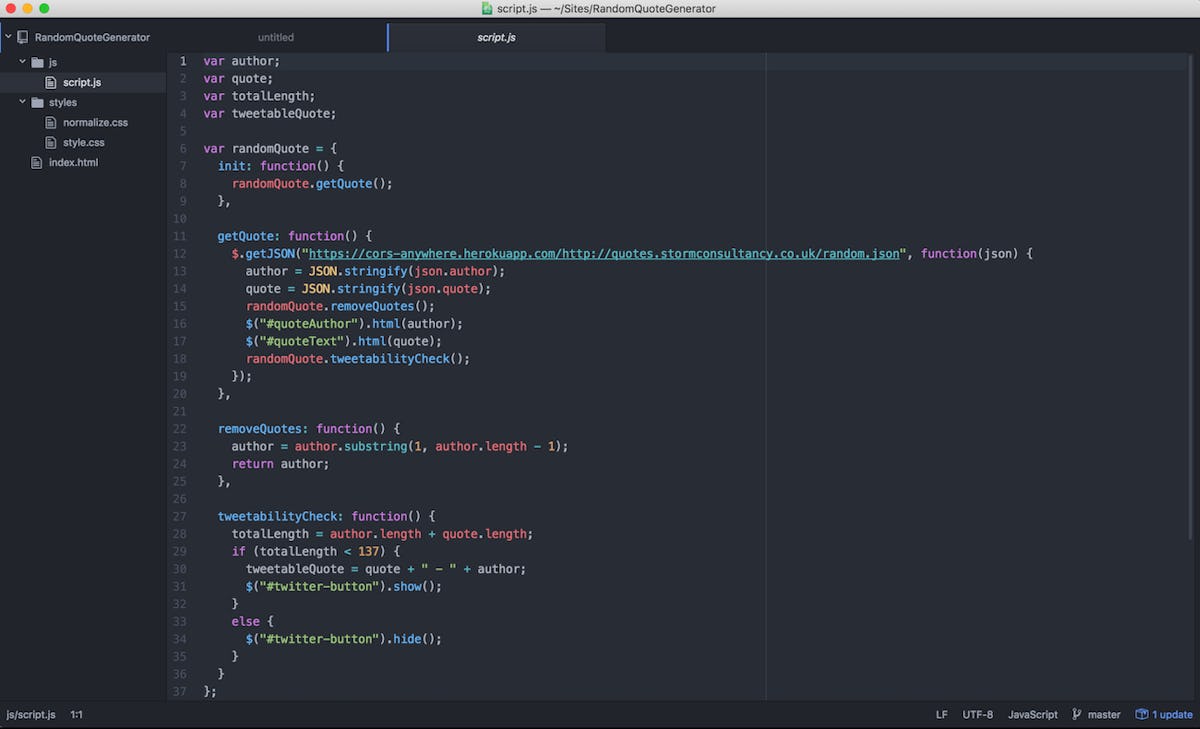 A screenshot of the Atom editor I used, with code from the Random Quote Generator freeCodeCamp exercise.