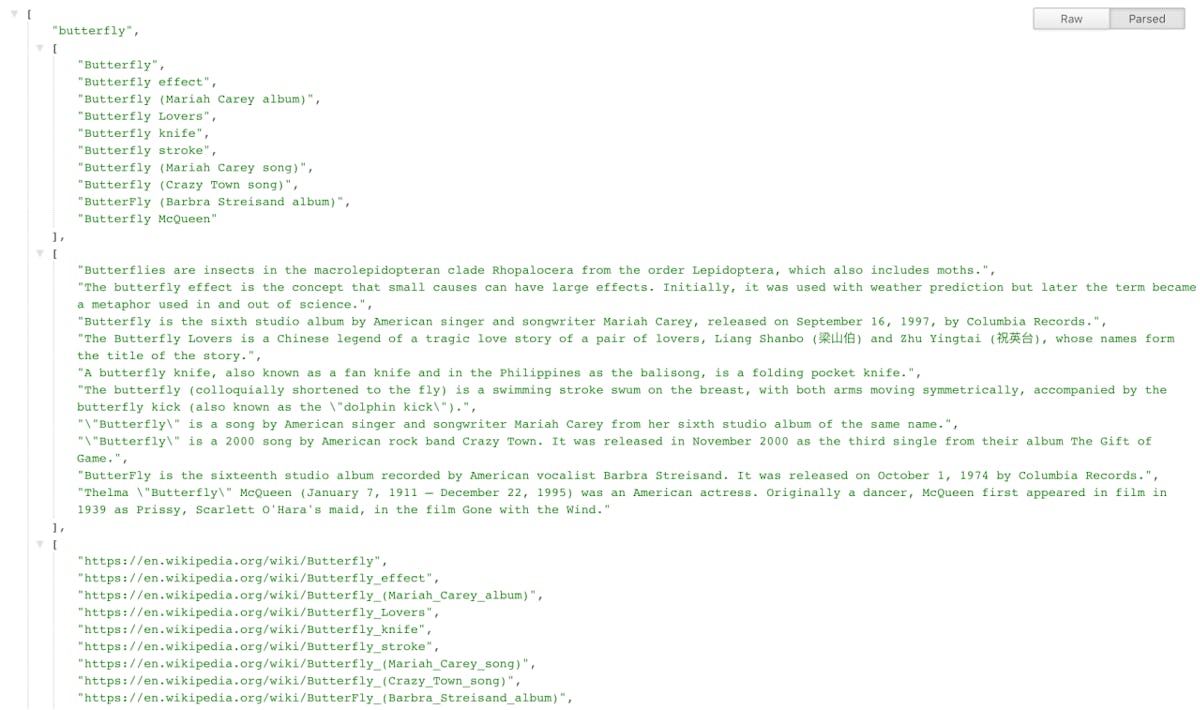 Screenshot of JSON response when visiting the endpoint above. Several arrays are returned: one that consists of a list of article titles, one consisting of article descriptions, and another of links.
