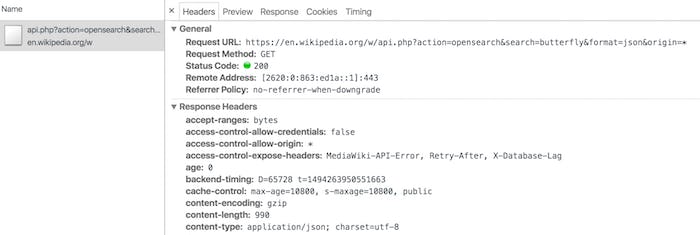 The same tab as above, but access-control headers have magically appeared in the Response Headers section.