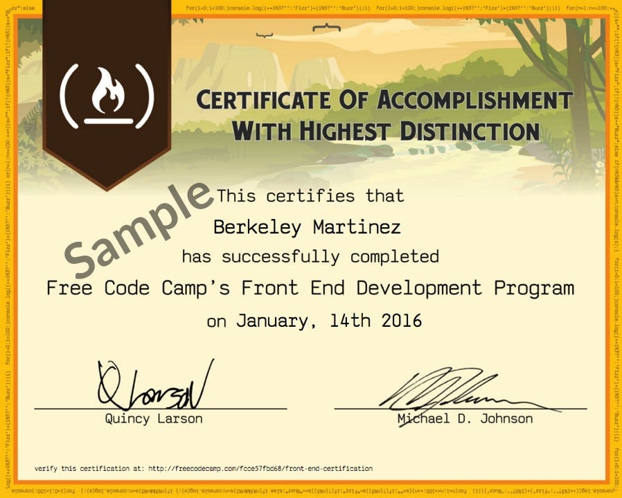 A sample certificate showing completion of the Front End Development Program.