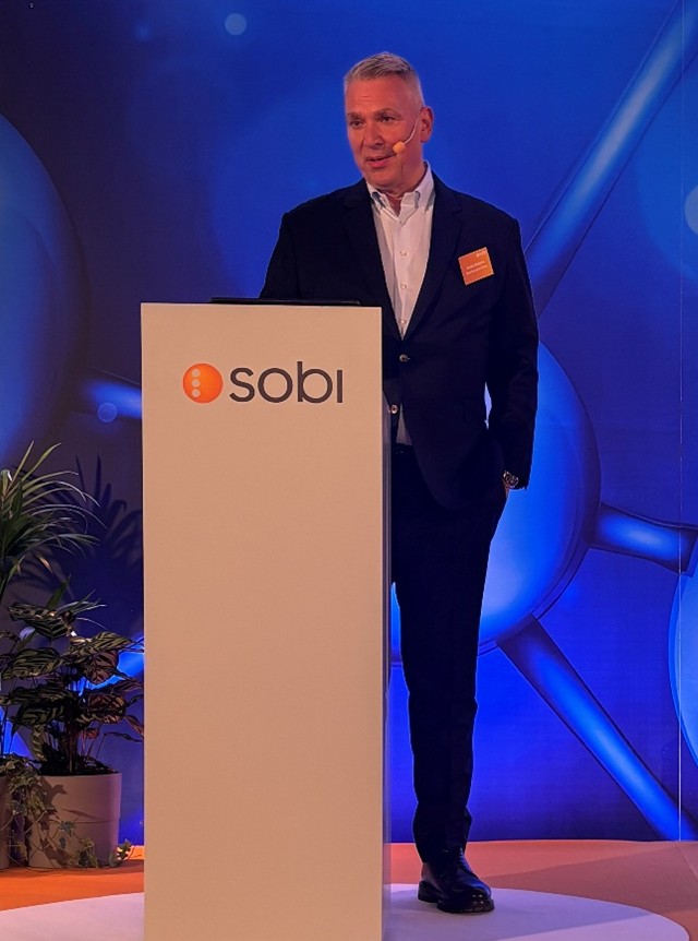 VD Guido Oelkers på SOBI:s kapitalmarknadsdag i Stockholm. 