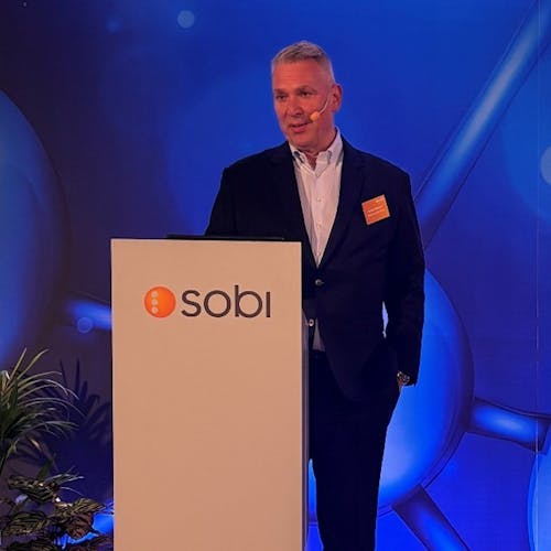VD Guido Oelkers på SOBI:s kapitalmarknadsdag i Stockholm.