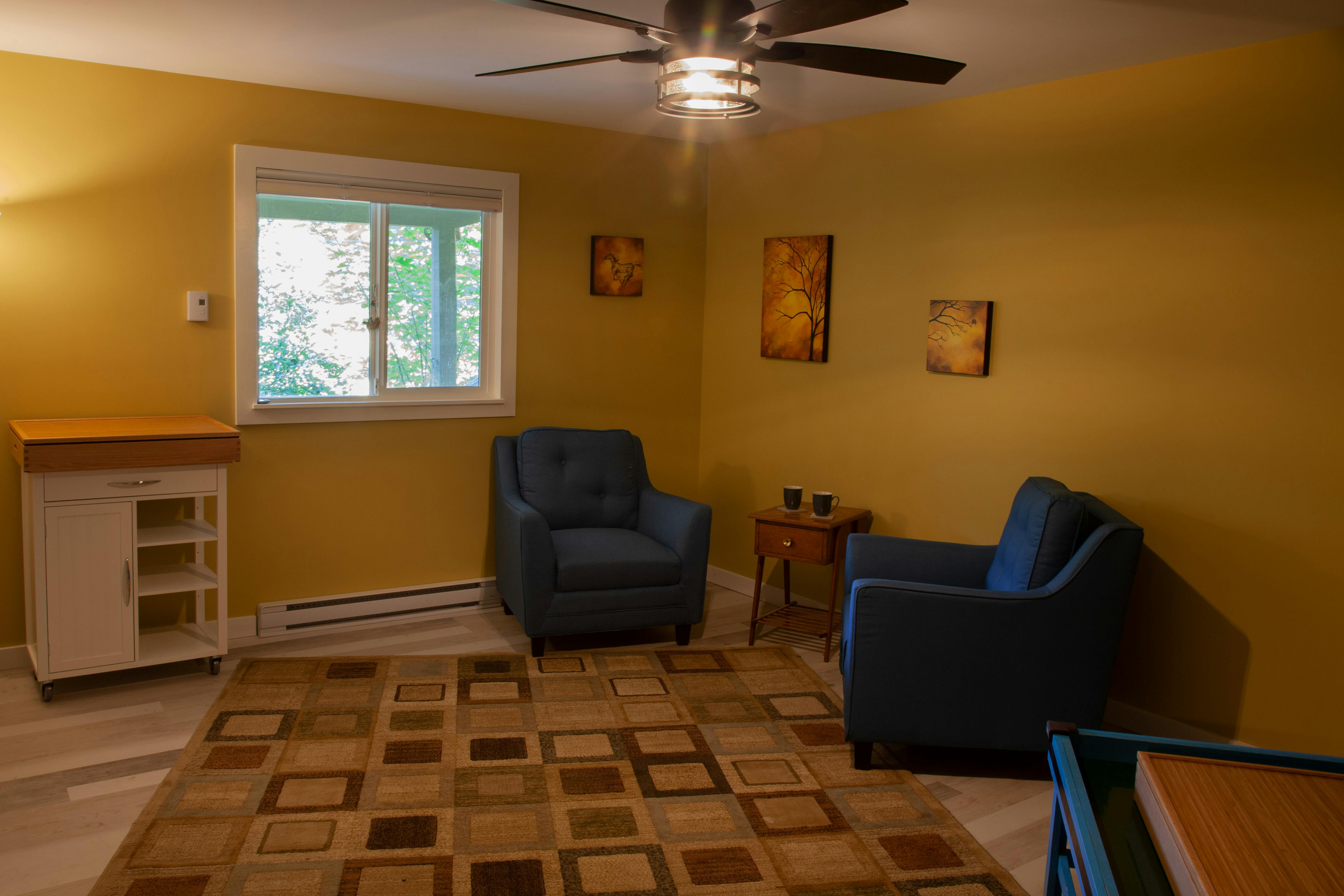 A photo of an interior room with two blue chairs, yellow walls, a rug, and a window looking out on trees