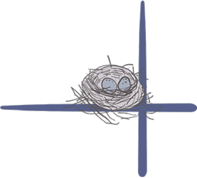 An illustration of blue eggs in a little nest on the Hearth Place logo