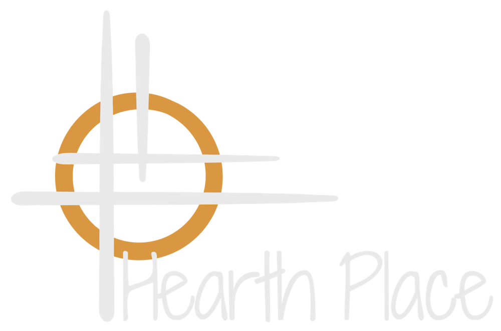 A grey and orange view of the Hearth Place logo