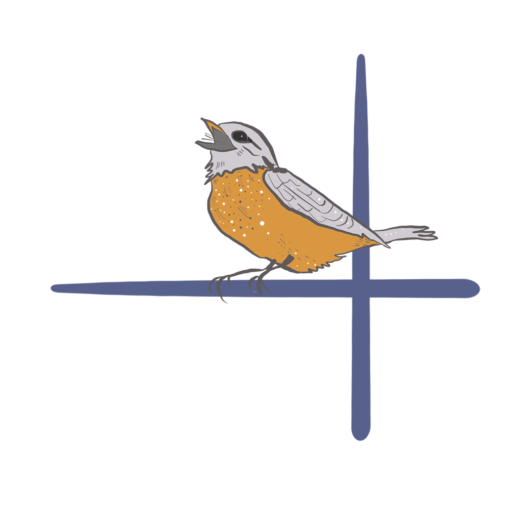 An illustration of a bird that looks like a robin singing perched on the Hearth Place logo