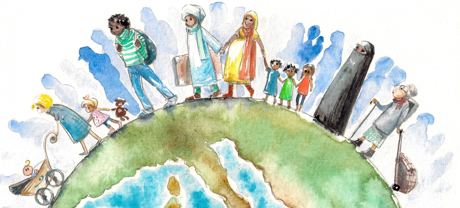 A watercolor painting of Earth depicting individuals from different backgrounds, ethnicities, and genders holding hands in unity.