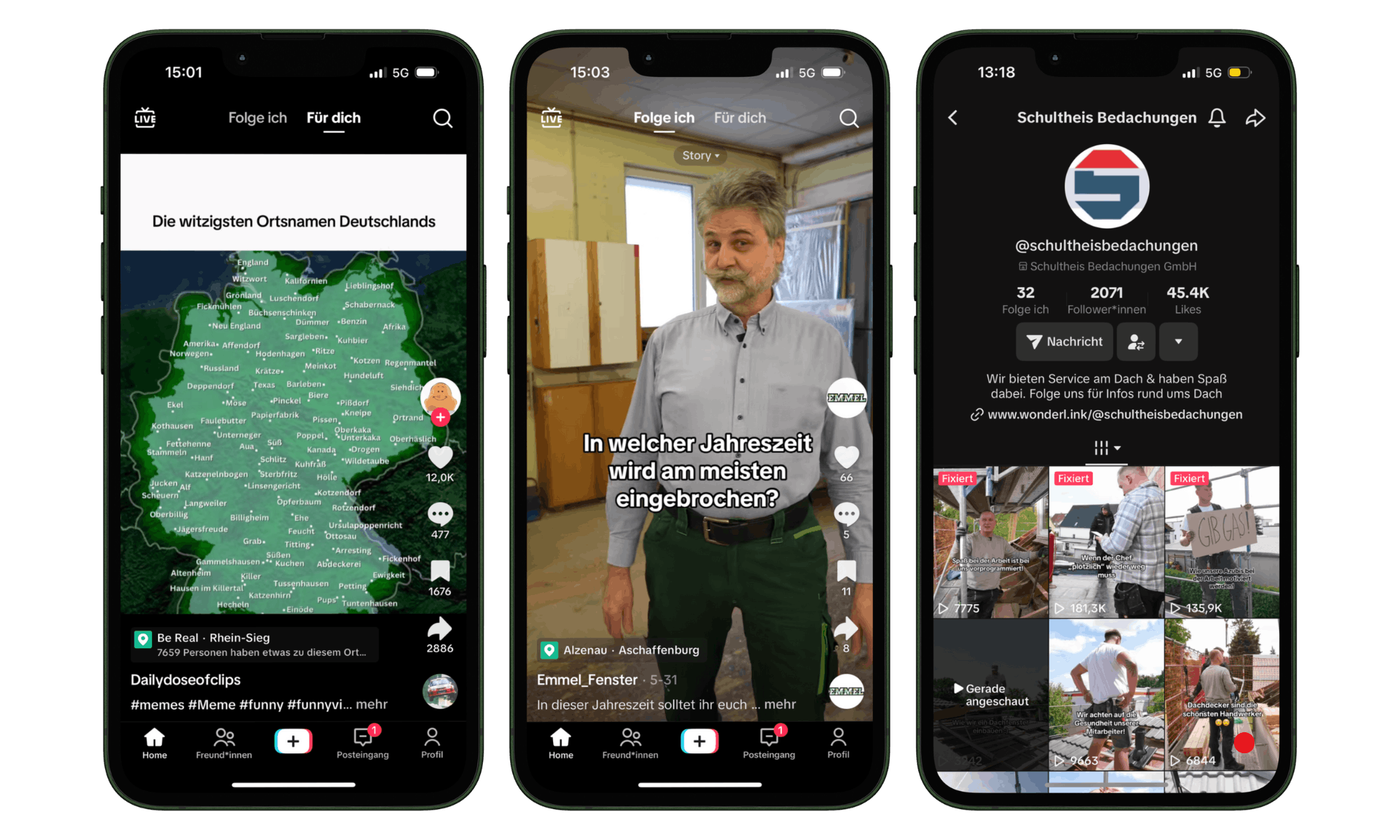 three screenshots of tiktok. 1st for you page, 2nd followed by you and 3rd a creator profile