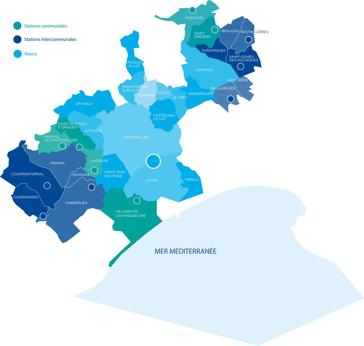 Carte des stations d'épuration de la région de Montpellier - source : montpellier3m.fr
