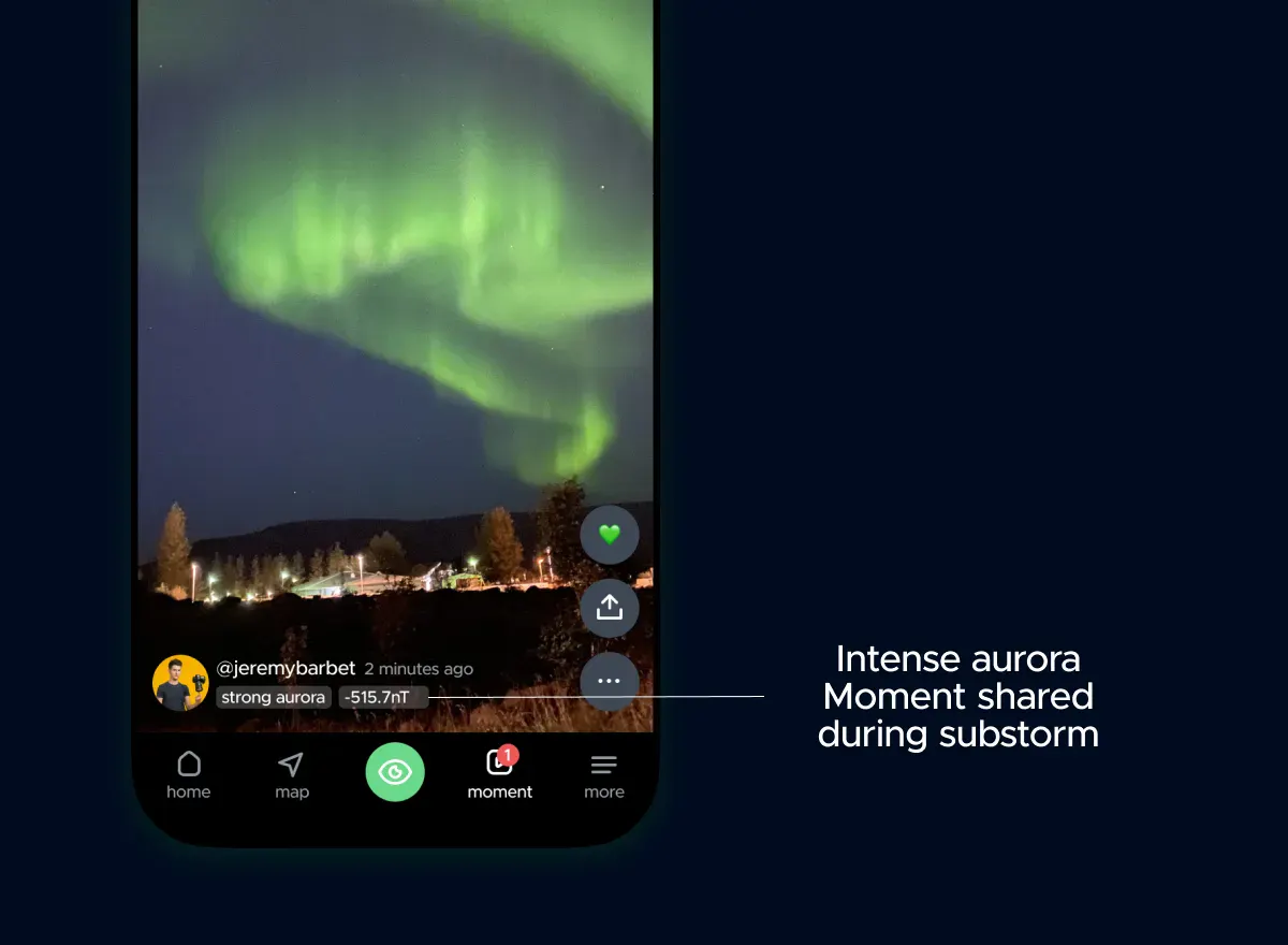 Intense aurora activity frequently coincides with these powerful substorms. Hello Aurora lets you track these repeating patterns in real time, viewing live user sightings alongside the exact aurora strength recorded at the moment the photo was captured.