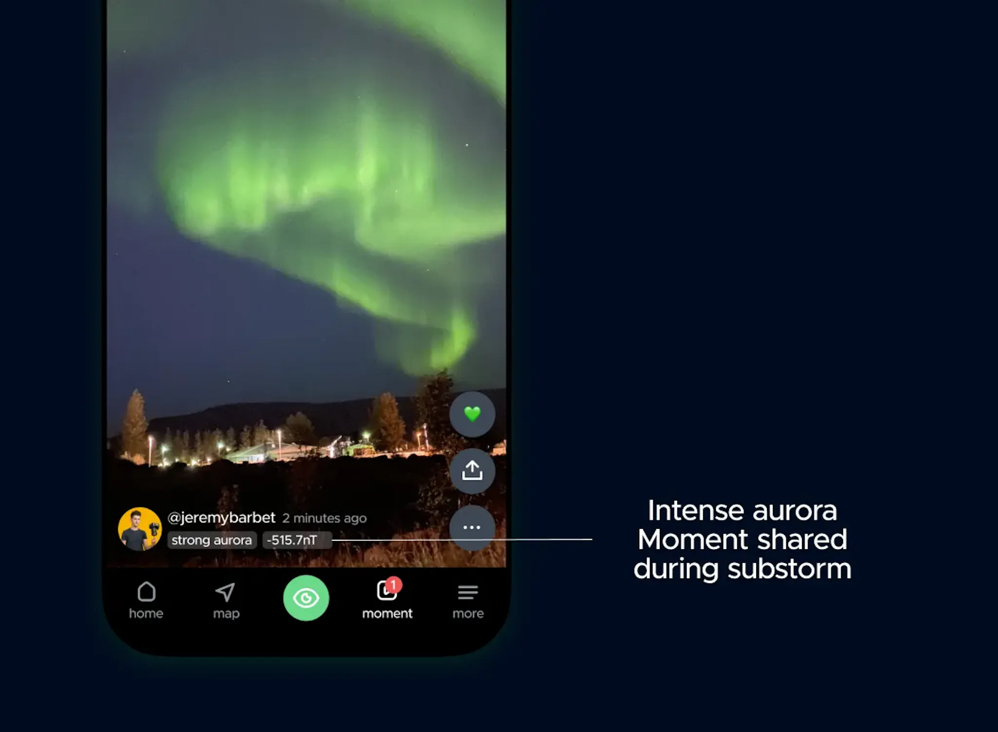 Intense aurora activity frequently coincides with these powerful substorms. Hello Aurora lets you track these repeating patterns in real time, viewing live user sightings alongside the exact aurora strength recorded at the moment the photo was captured.