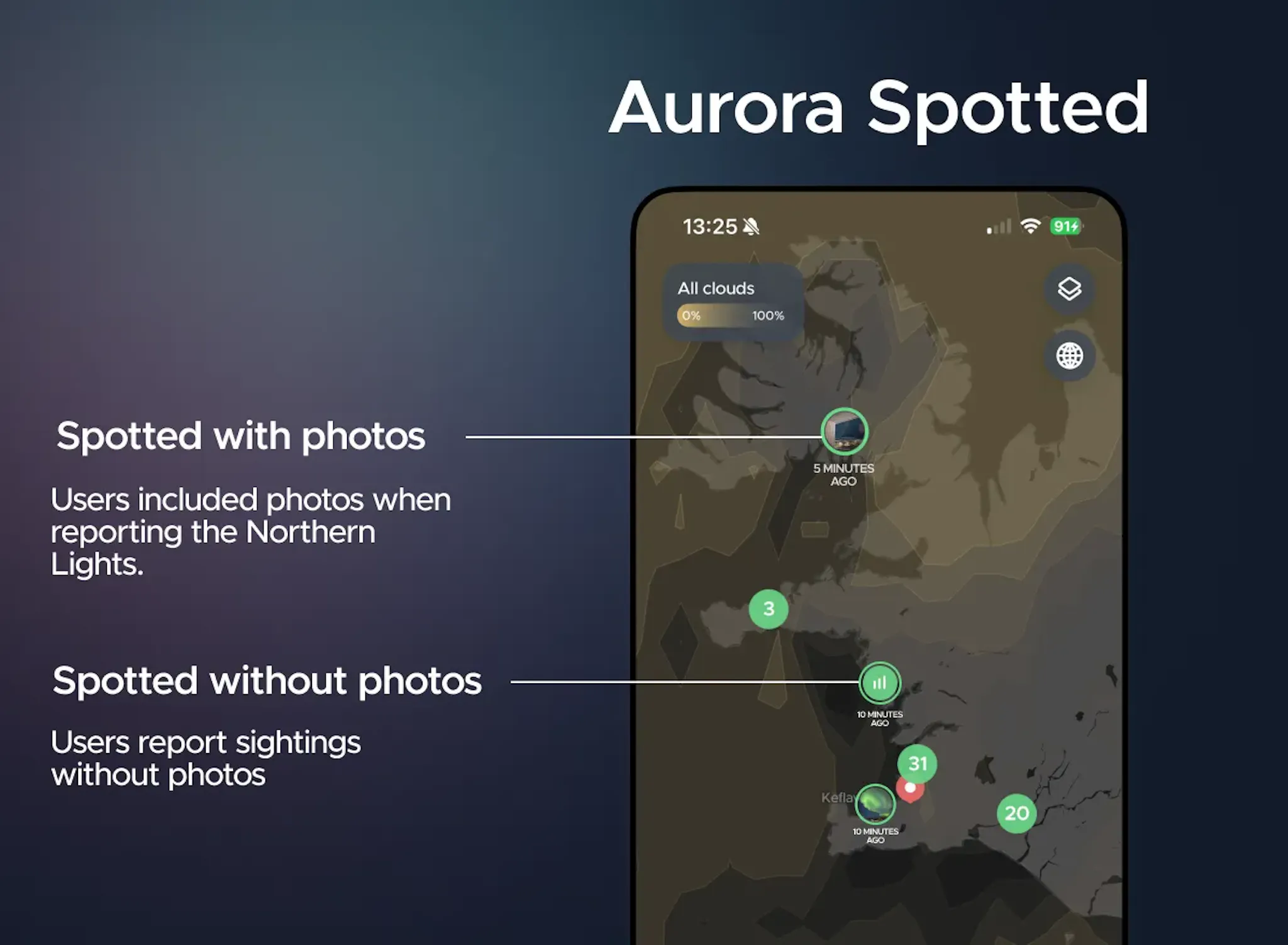See live aurora spotted location with or without photo on Hello Aurora app