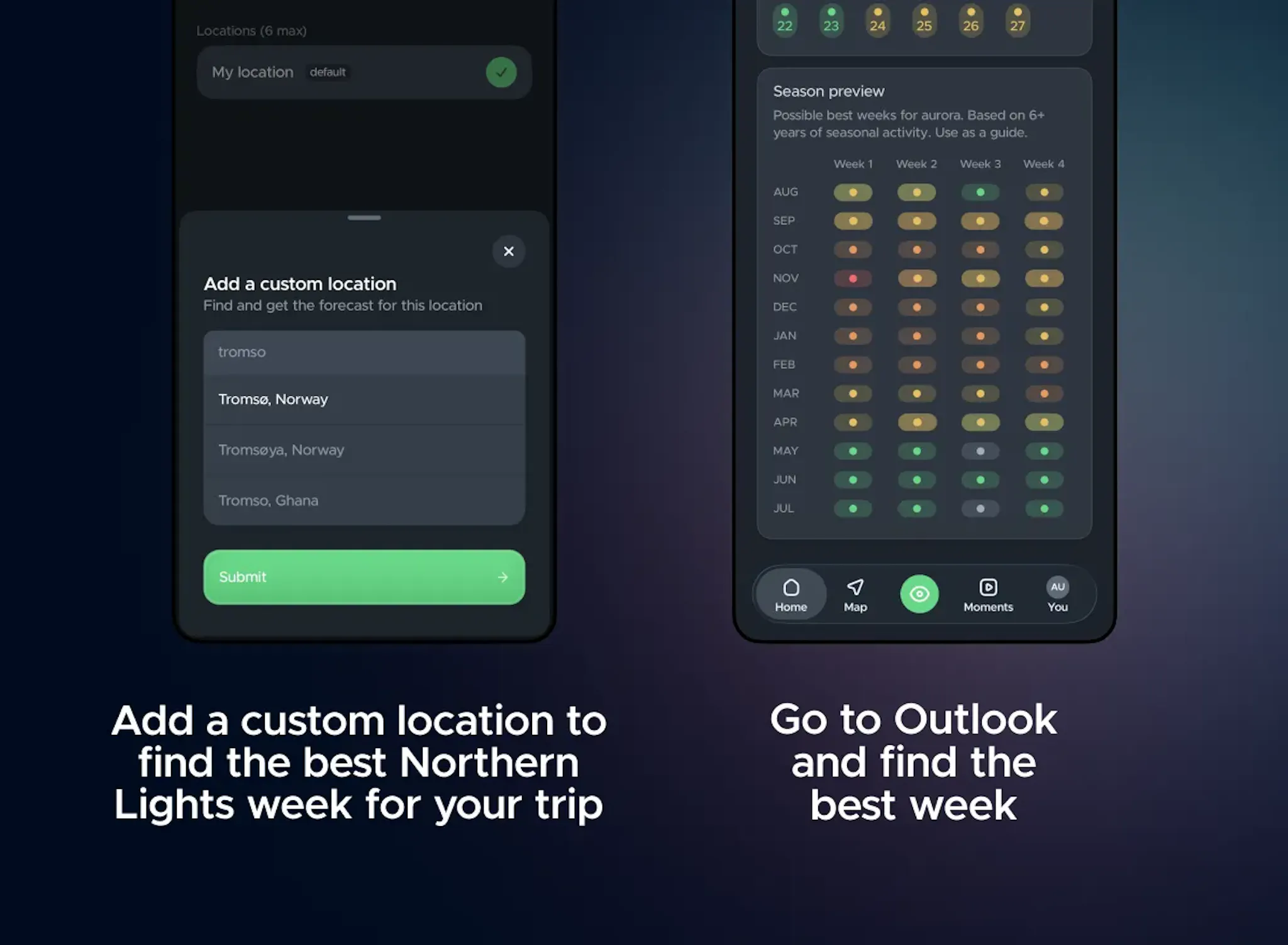 Find the best aurora week for your trip using Seasonal Outlook on Hello Aurora Pro