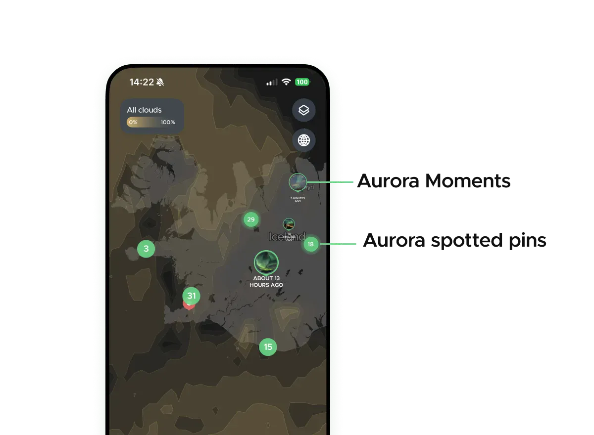 See aurora spotted with and without photos on the map screen