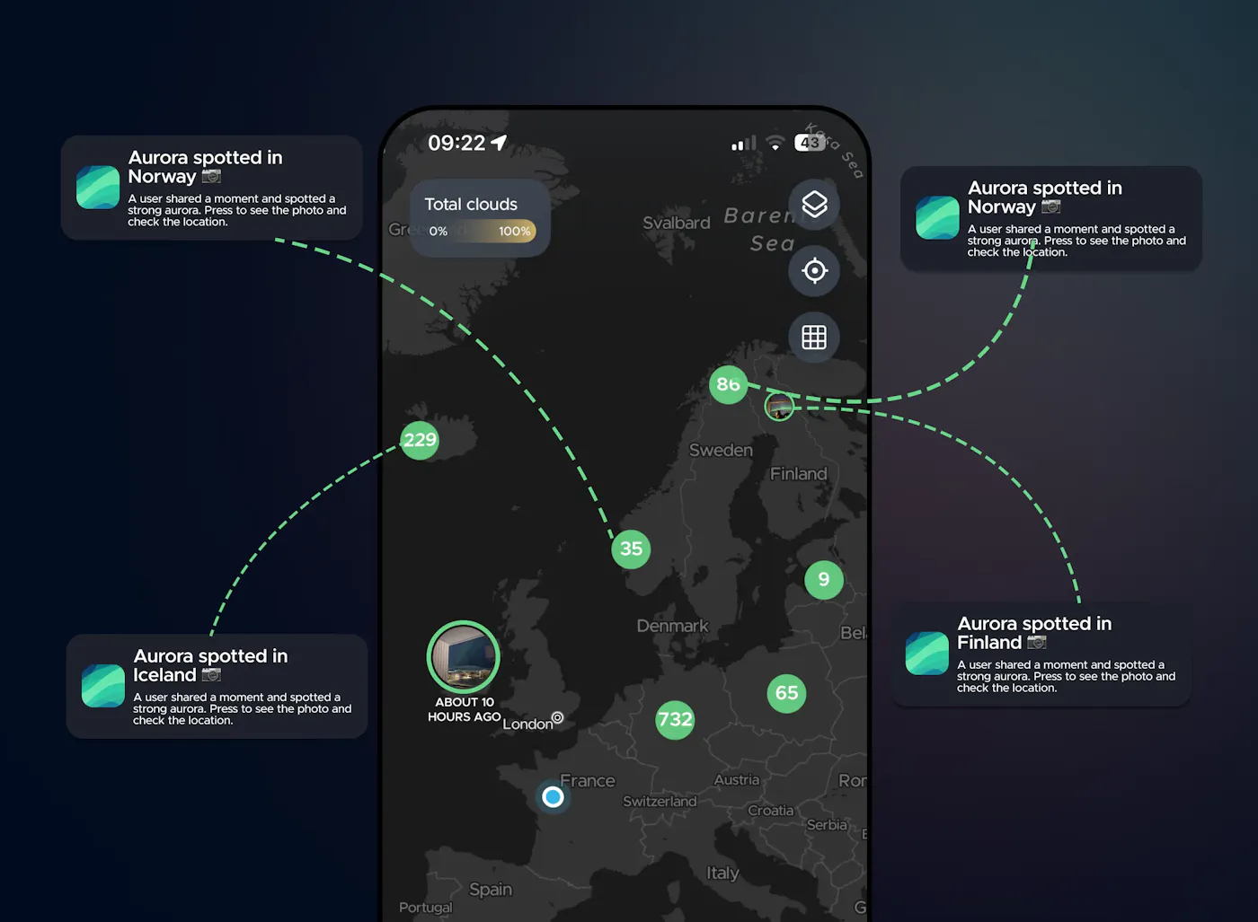 Hello Aurora is your all-in-one Northern Lights forecast and community app.