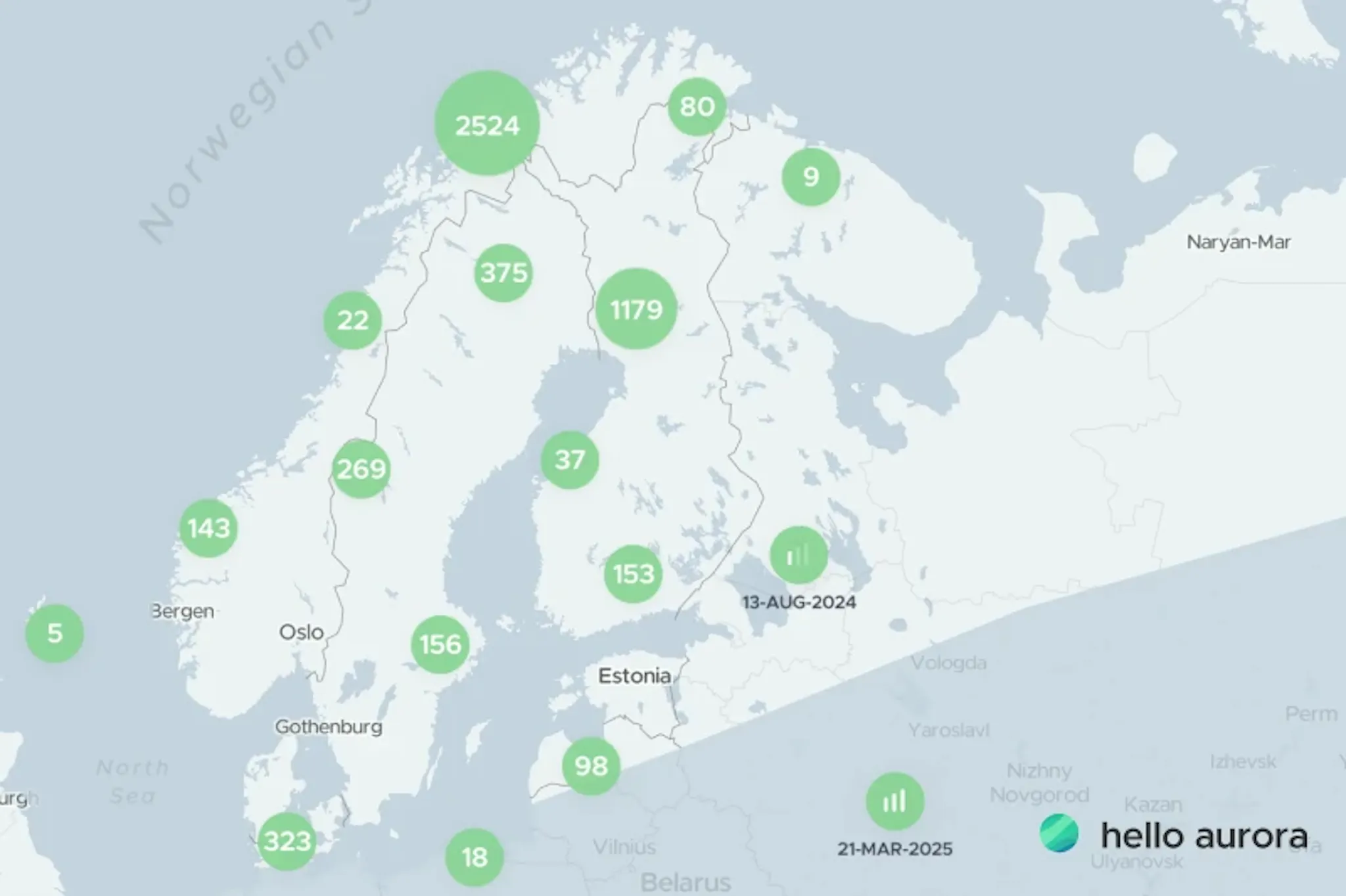 Screenshot of user reported aurora on hello aurora app in the nordic countries