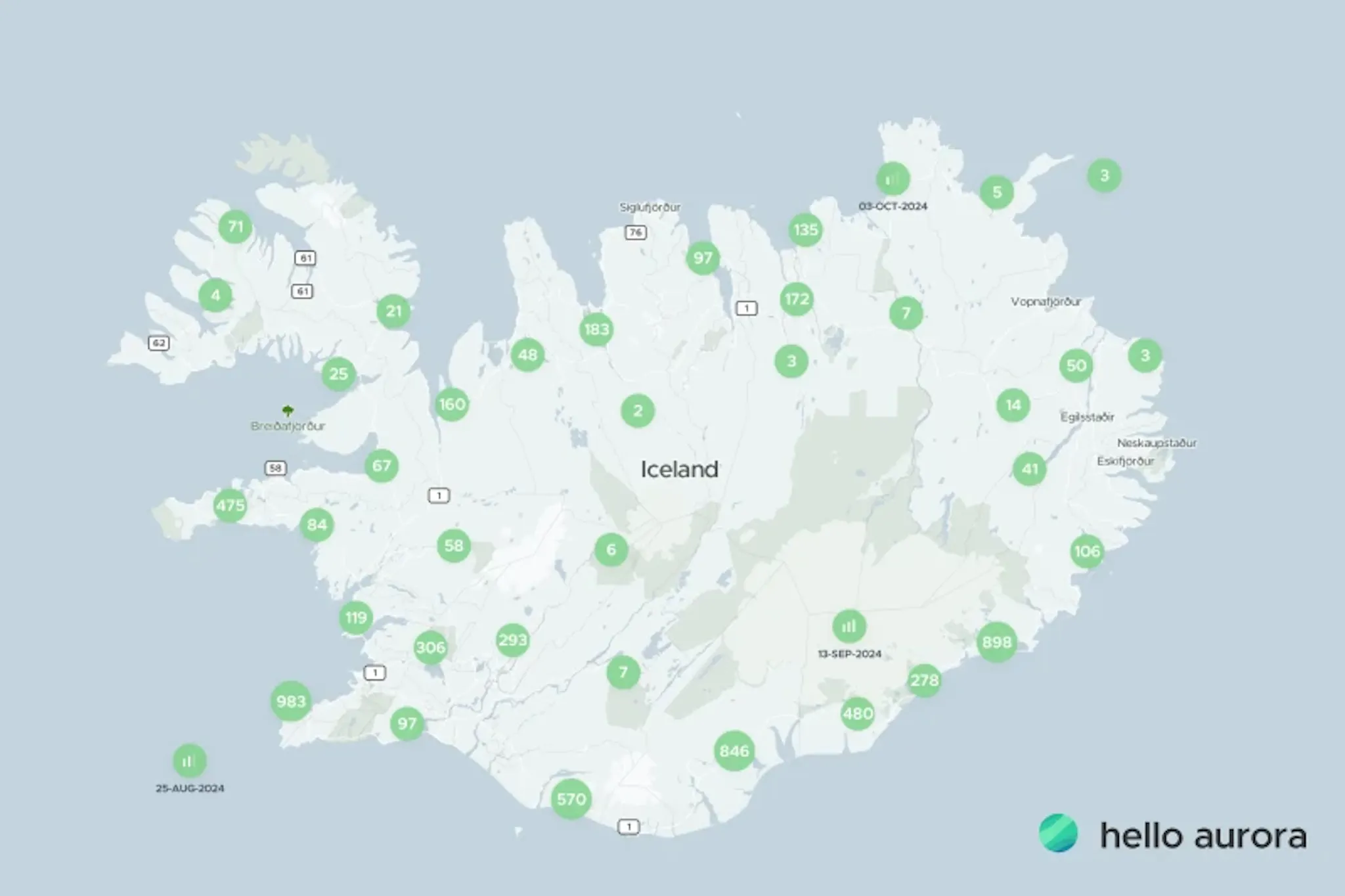 Aurora spotted all around Iceland in 2024-2025