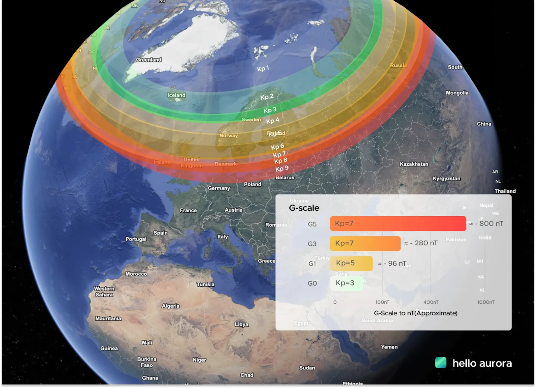 Map illustrating how far south the aurora can be seen at different KP index levels