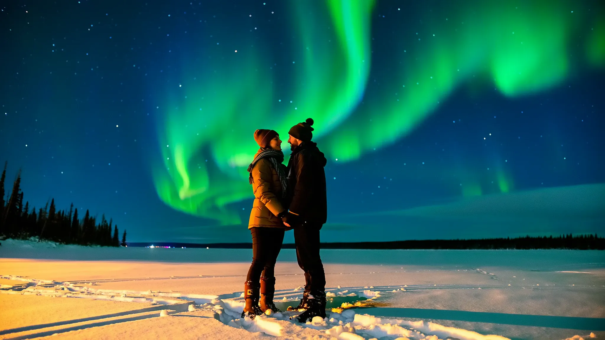 Couple watching the Northern Lights dancing in the sky