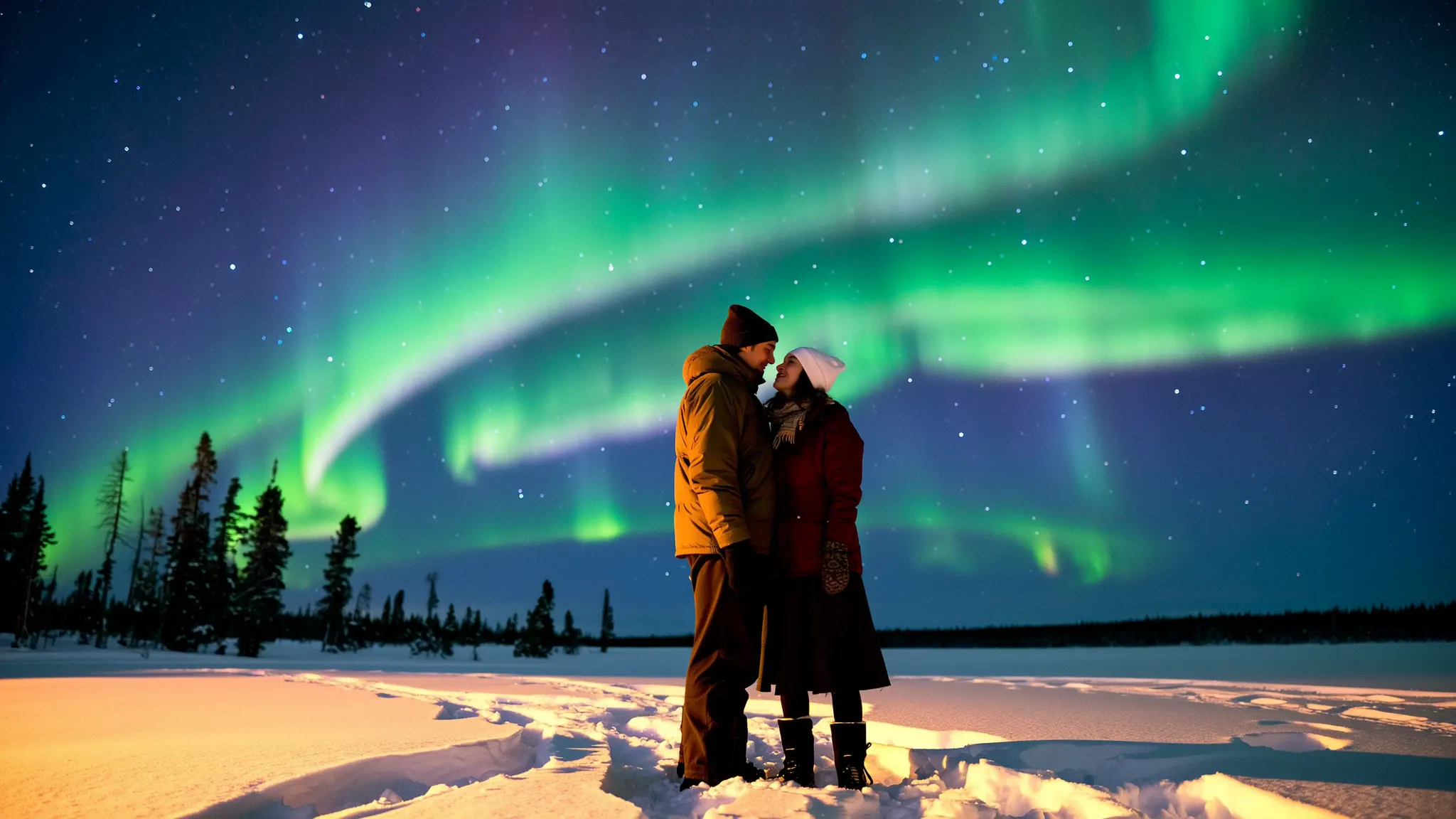 Couple watching the Northern Lights in the sky. The aurora can be easily seen when he condition is right and when having the right tool. Hello Aurora provide you with real-time aurora notification and alerts that can maximise your chance of seeing the aurora. 