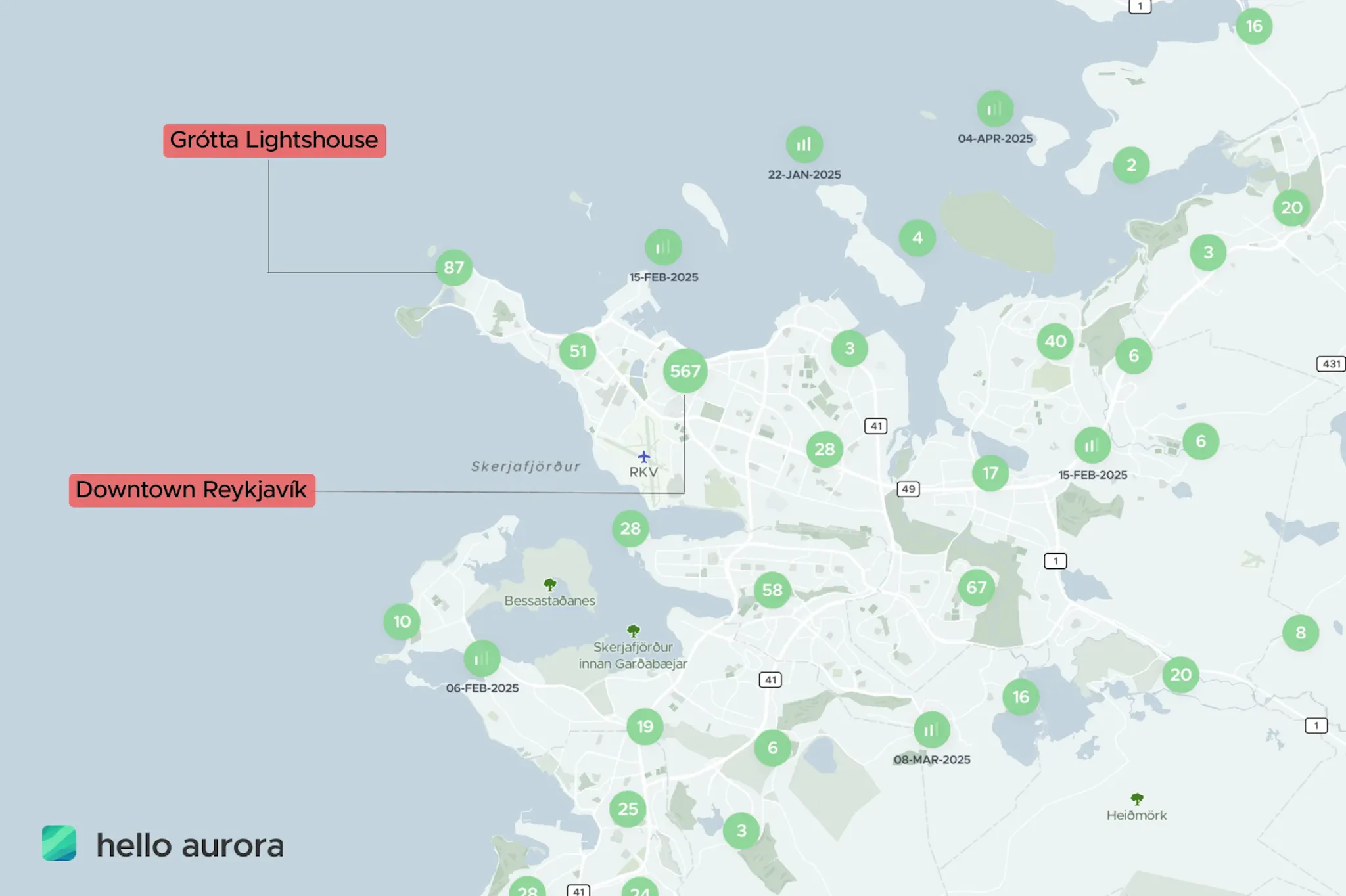 Most spotted Northern Lights location in Reykjavik