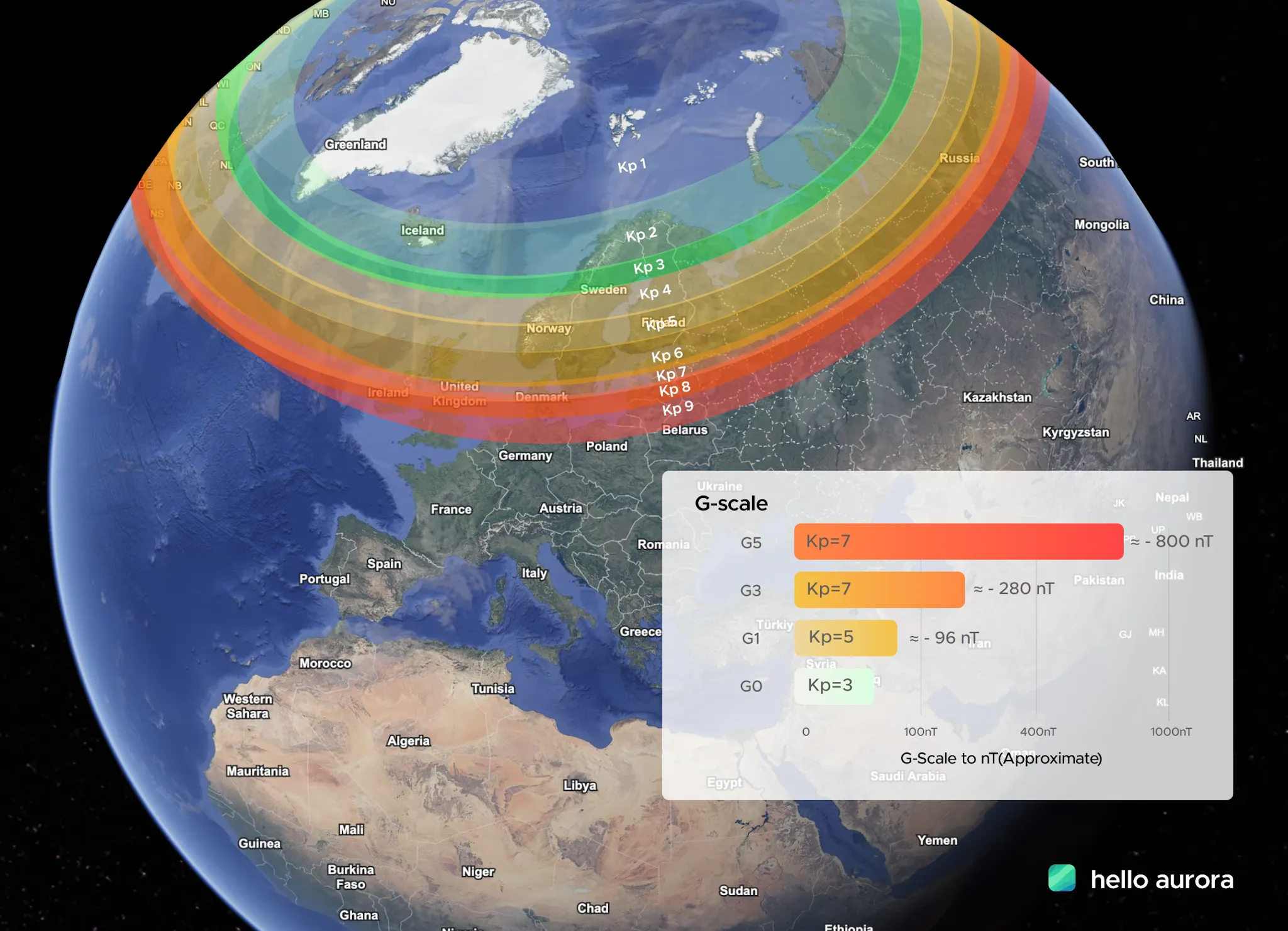 Map illustrate KP index and aurora visibility by location and latitude. 