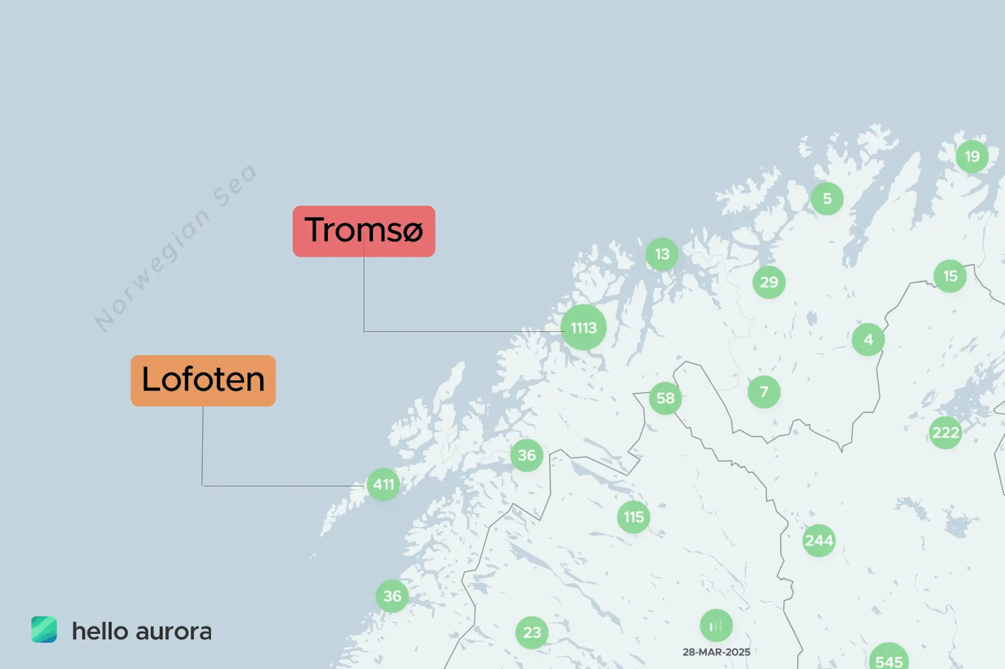 Map of aurora spotted location in Norway. Tromso is number 1 most spotted location followed with Lofoten.