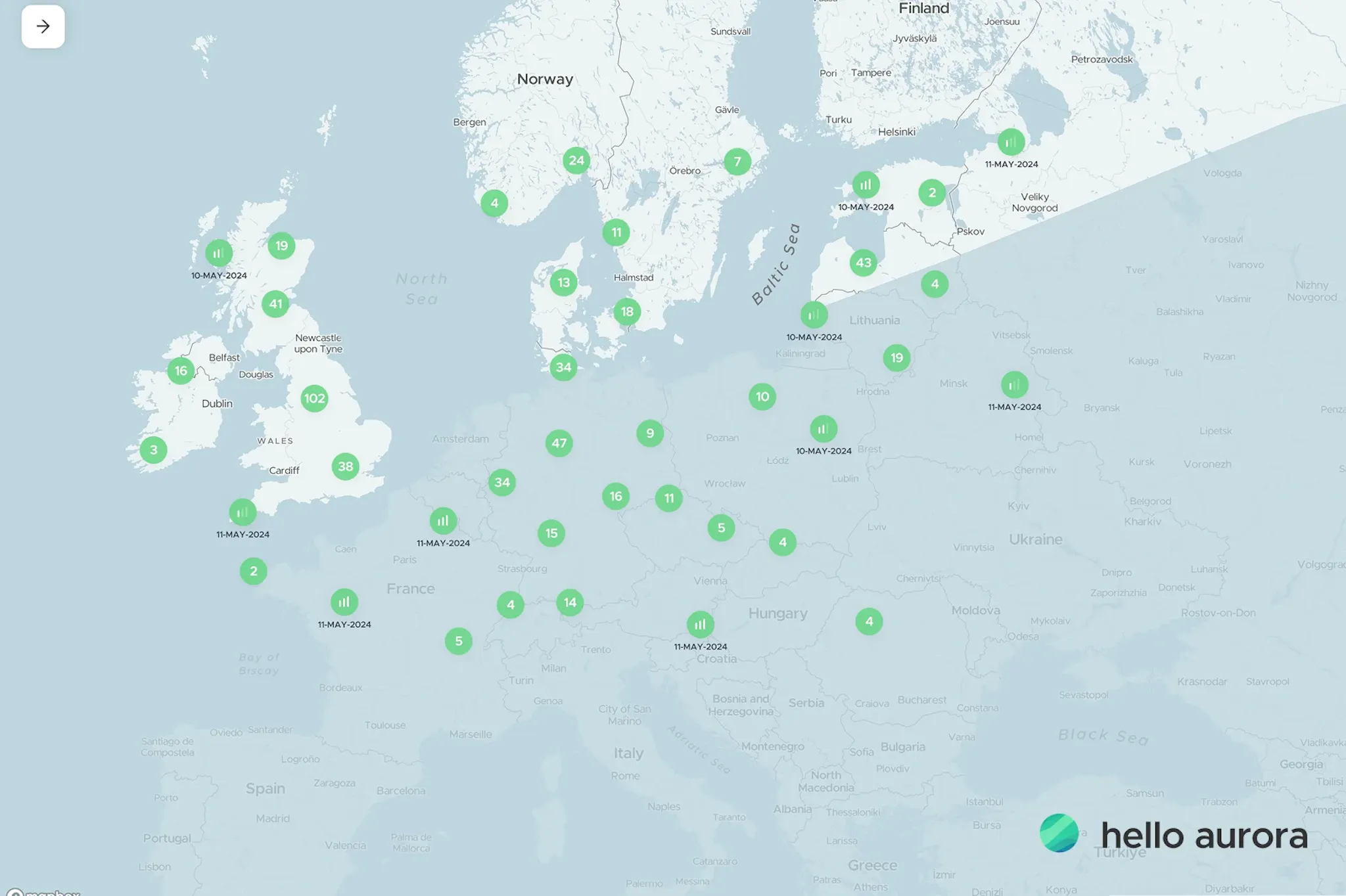 Screenshot of aurora spotted location in central europe