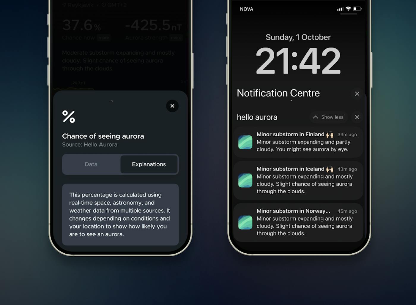 Hello Aurora apps send notification when the aurora is visible and provide users with easy to understand explanations. It's beginners friendly but packed with useful informations for pros.