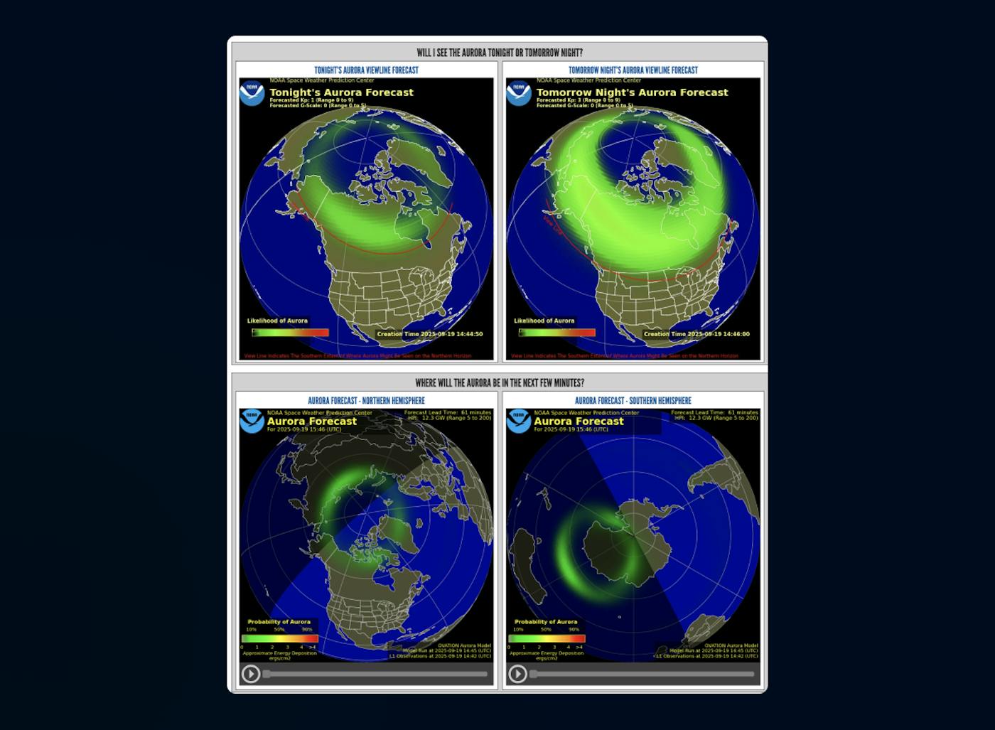 NOAA’s official aurora dashboard provides users with information about current aurora activity.